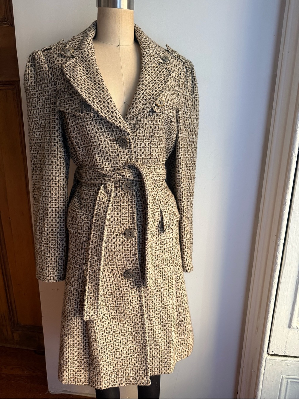 Sonia Fortuna Firenze Geometric Tweed Trench Style Coat Small